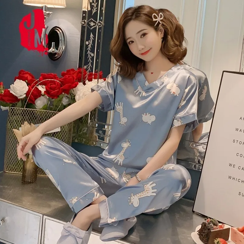 Silk Pajama Short Sleeves Pyjamas Women Satin Set Summer Pijamas Women Satin Set Print Pajamas Silk Plus Size Homewear Sleep 5XL