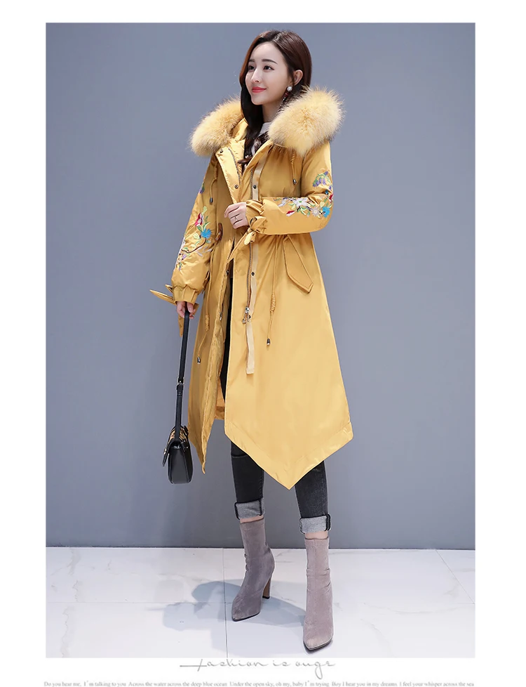 Пальто с воротником из натурального меха, хлопковое пальто для женщин,, зимняя куртка для женщин, теплое пальто, с вышивкой, с капюшоном, пуховик, женская верхняя одежда, 827