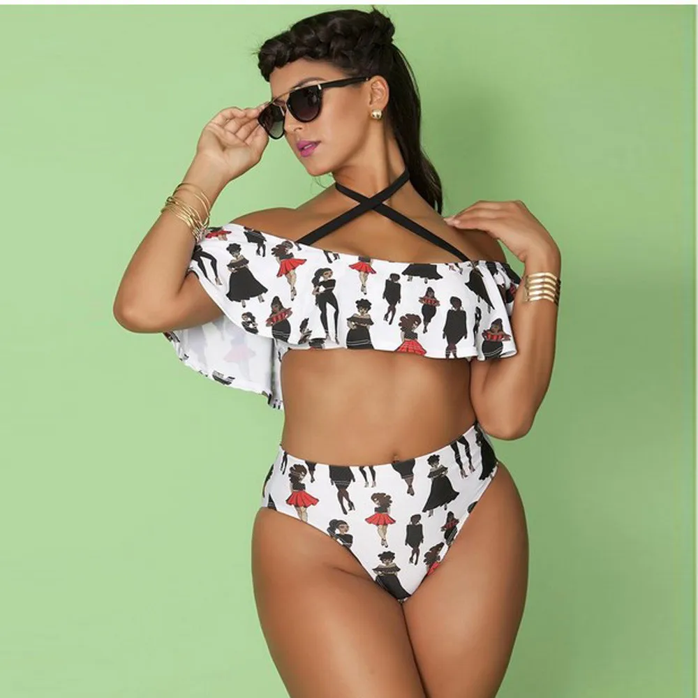 

Plus Size Women Sexy Two Piece Swimsuit Casual White Print Bandage Bikini Set Push-up Padded Bra Bathing Swimwear Beachwear