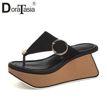 

DORATASIA Brand New Summer Slippers 2020 women's Genuine Leather Ladies Wedges High Heels Shoes Woman Casual office Slippers