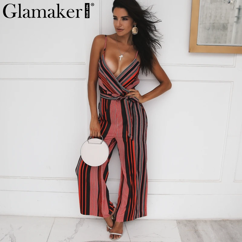 Женский комбинезон в полоску Glamaker летний Свободный с открытой спиной и высокой