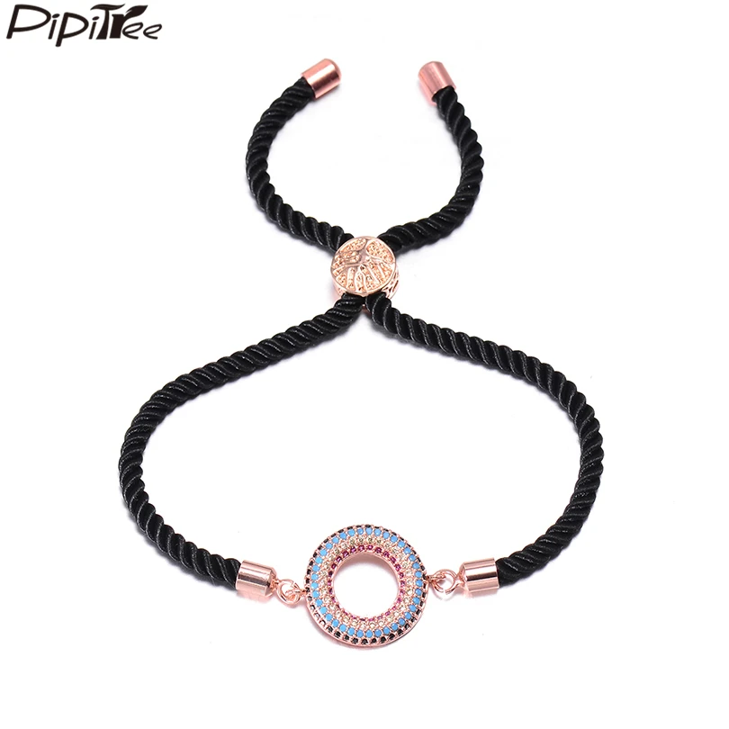 

Pipitree Summer New Black Rope Braided Slider Adjustable Bracelet Rose Gold Color CZ Zircon Circle Charm Bracelets for Women Men