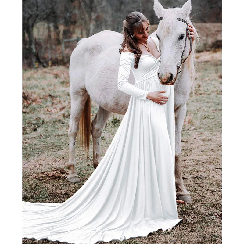 Tanie Długi tren sukienka ciążowa na sesja zdjęciowa fotografia ciążowa rekwizyty Maxi sukienki dla kobiet w ciąży kobiety ubrania sukienka ciążowa