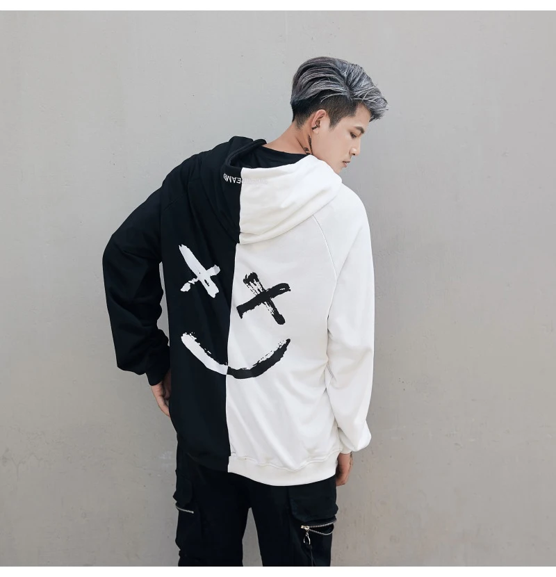 Aolamegs Hooded Sweatshirts Men Women Patchwork Smile Print Hoodie Fashion Casual Hip Hop Streetwear Contrast color Men Clothing (10)
