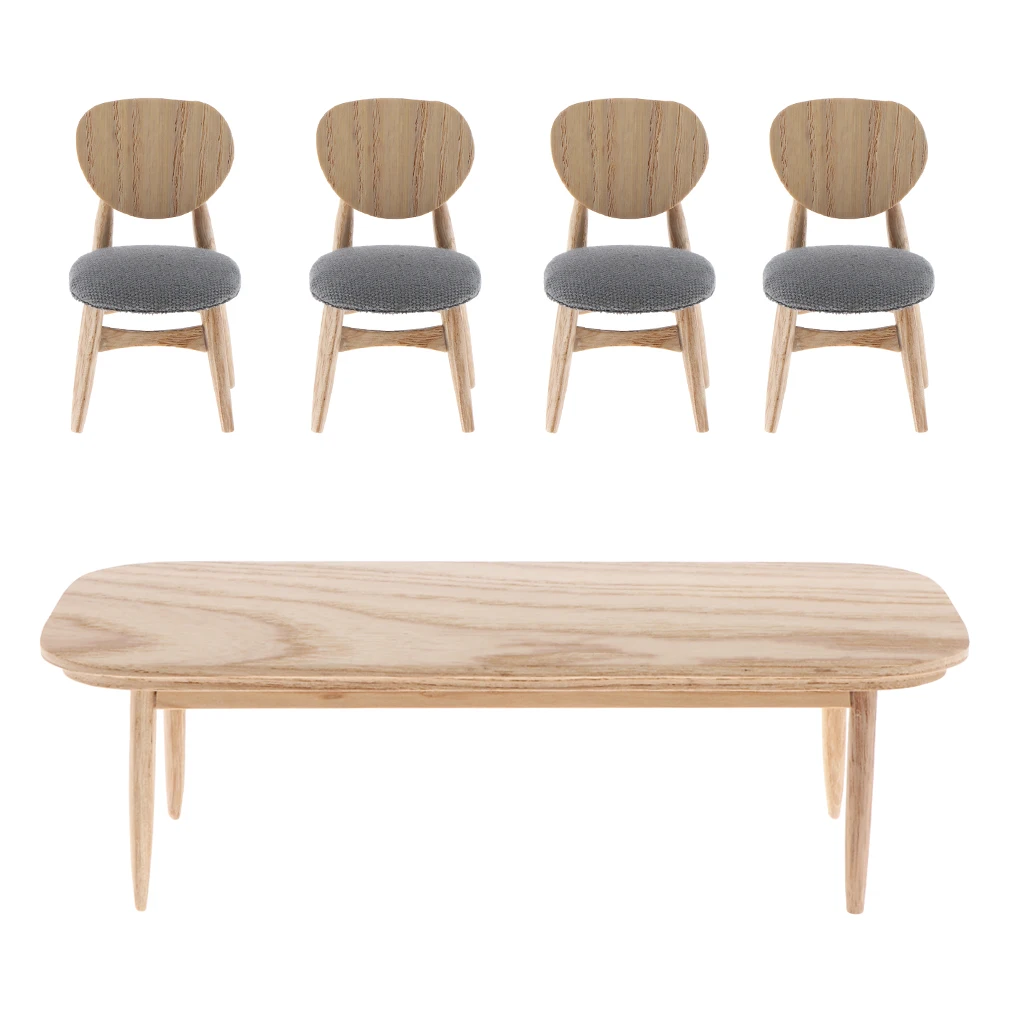 1/12 Scale Dollhouse Miniature Furniture, Wooden Rectangular Coffee Tea Table + 4pcs Chairs