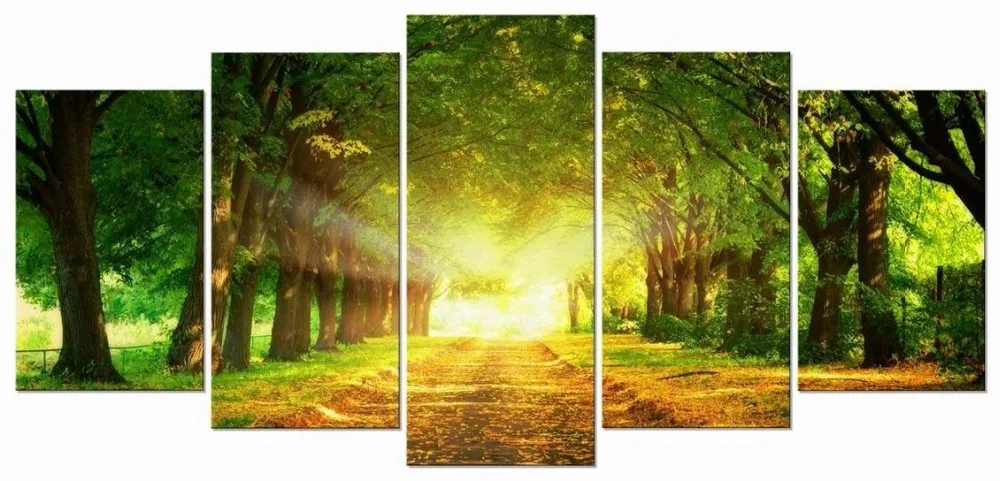 Wieco Art 5 Panels Canvas Prints Wall Art Forest Picture Paintings Ready to Hang Living Room Bedroom Home Decorations Modern Stretched Framed Giclee Grace Green Landscape Trees Artwork