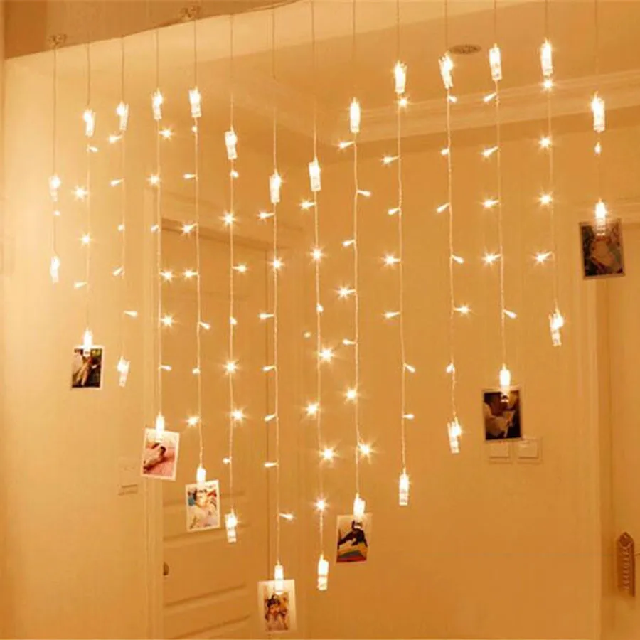 

Thrisdar 2X1.5M Heart Shape Curtain LED String Fairy Light 128LED 34 Drop Card Photo Clips Fairy String Xmas Wedding Garland