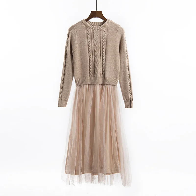 

PERHAPS U 2018 Autumn Winter Dress for Women O-neck Slim Long Sleeve Long Knitting Patchwork Mesh ladies Maxi Dresses D0150