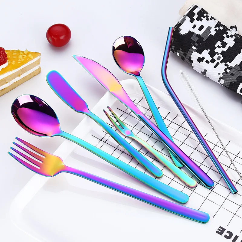 

8PCS Stainless Steel Butter Knife Spoon Fork Tableware Set Dessert Spoon Fruit Fork Straw Drinkware Set