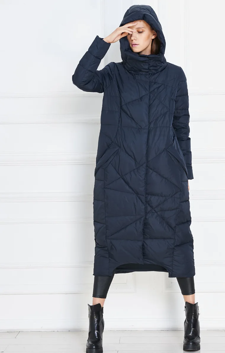 Пуховик женский длинный секционный тонкий модный Европейский и американский пуховик с капюшоном толстое длинное зимнее пальто до колена - Цвет: Dark blue