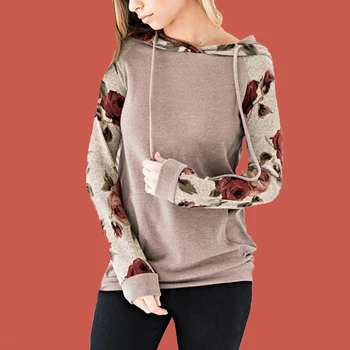 

Floral Print Hoodie Two Color Stitching Long Sleeve Hoodies Poleron Mujer 2019 Fashion Lace Up Drawstring Hoodie Patchwork Women