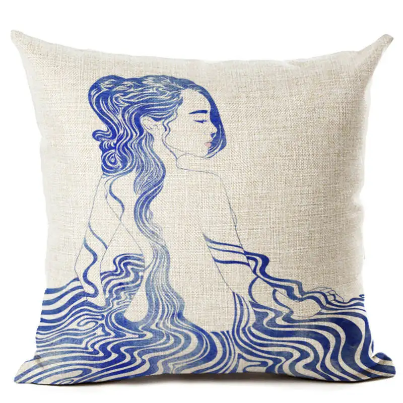 Blue Sea Printed Sexy Zara*Women Cushion Cover Decor Linen Wave Throw Pillow Covers Beauty Girls Pillowcases Funda Cojin 45 * 45