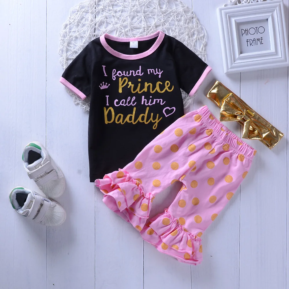 

Baby Kids Girls Clothes Sets black top letter T-Shirt Short Sleeve tee+Ruffle Pink dot Pants Outfits 3PCS Children Clothes set