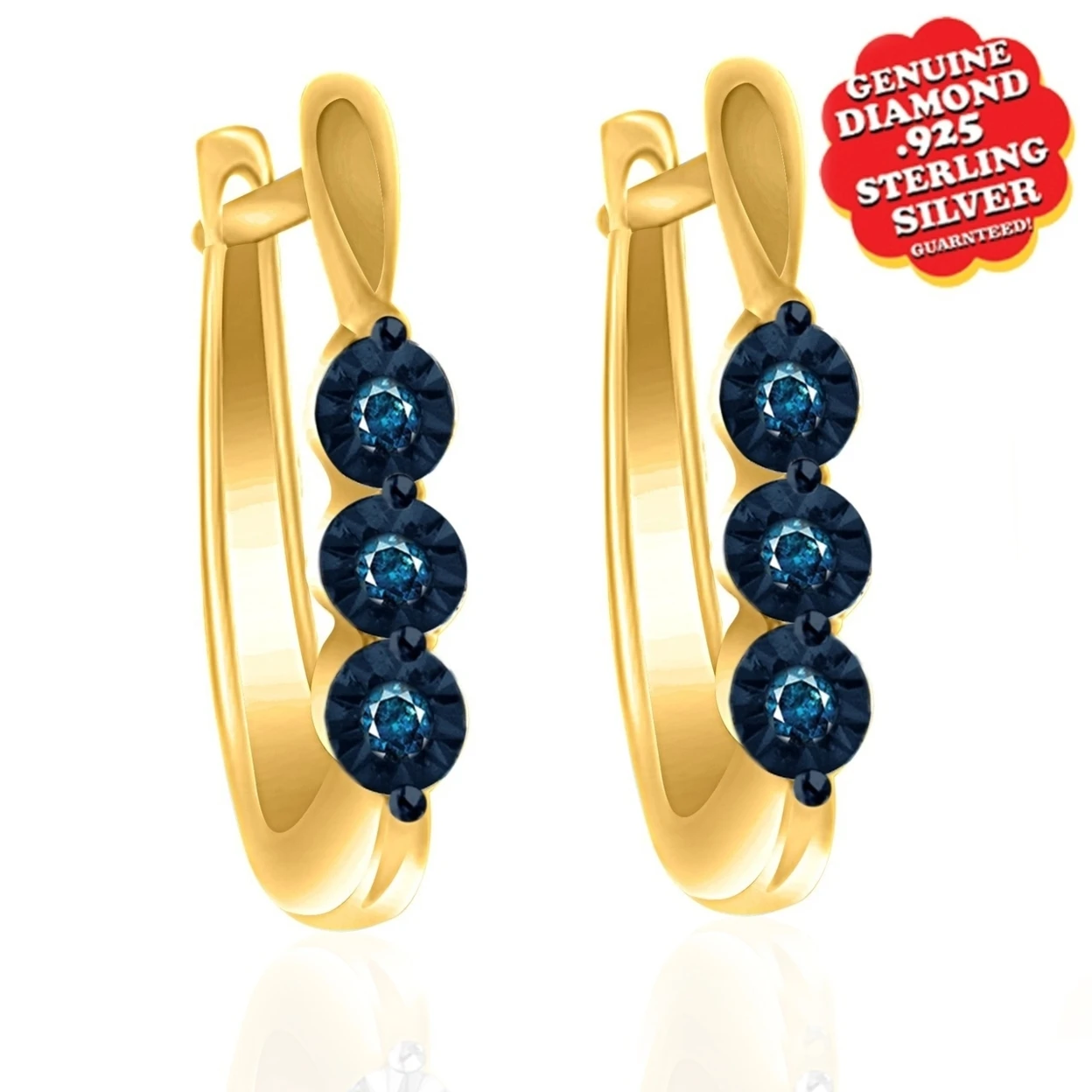 Blue Genuine Natural Diamond 14K Yellow Gold Over Hoop Earrings #With Free Stud
