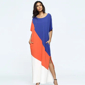 

186930 Middle East Summer Dress Colour Contrast Splicing with A Fork Dress and Loose Arabian Robes Abaya Vestidos Musulman