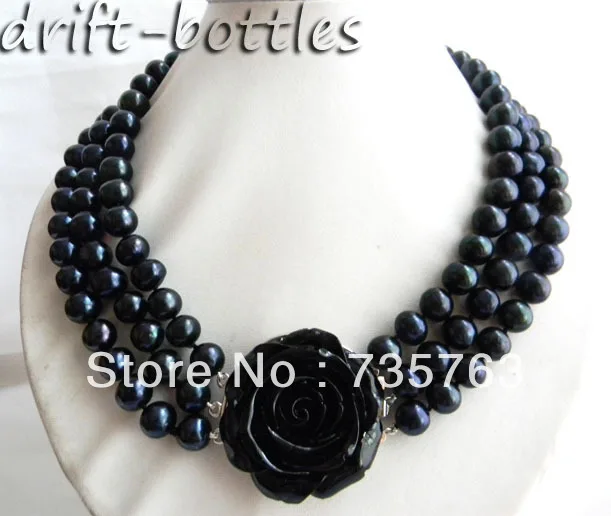 

HOT 3Strands 18'' 8-9mm Black Round Freshwater Pearl Necklace