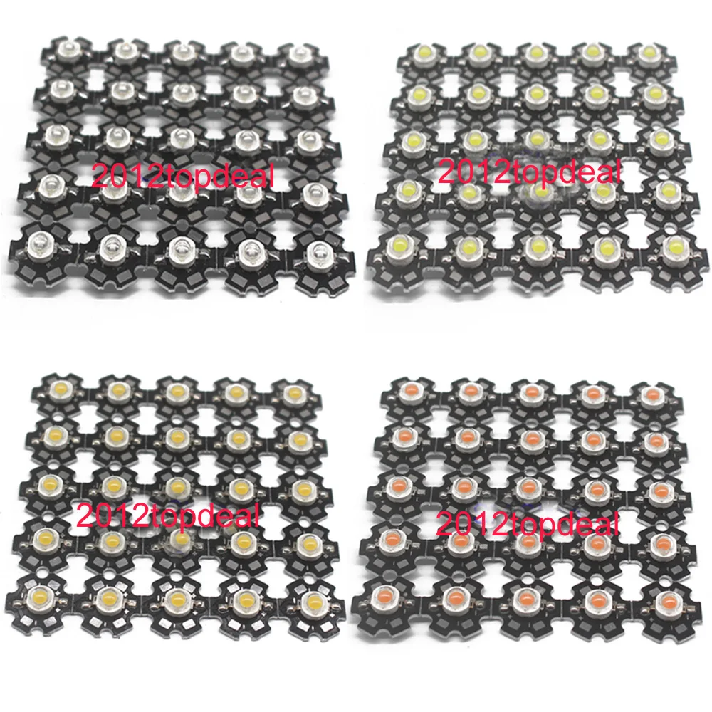 

50pcs 1W 3W High Power LED Full Spectrum White Warm white Green Blue Deep Red 660nm Royal blue UV IR With 20mm Black Star PCB