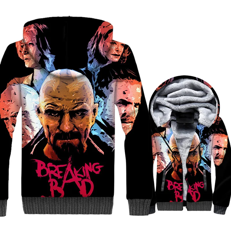 

Breaking Bad Jacket Heisenberg Hoodie Men Funny Walter White Hooded Sweatshirt Winter Thick Fleece Zipper 3D Print Movie Coat