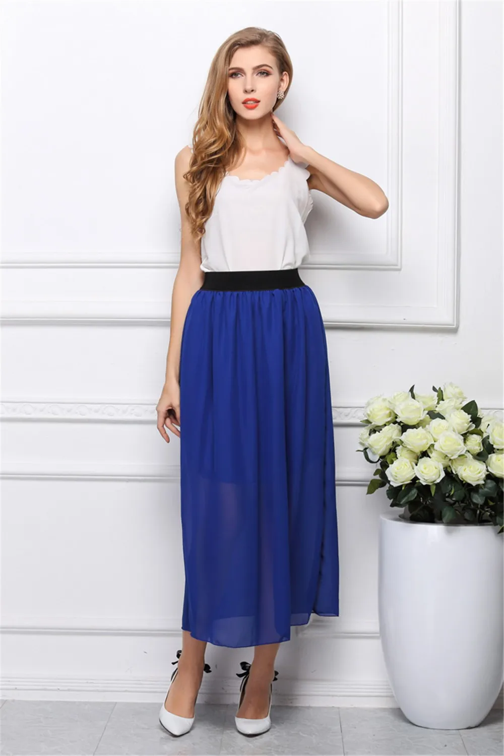 Mainland Summer Style Long Skirt Solid Ankle Length Pleated Natural Chiffon Maxi Shirt Beach Boho Vintage Skirts Faldas Saia (9)