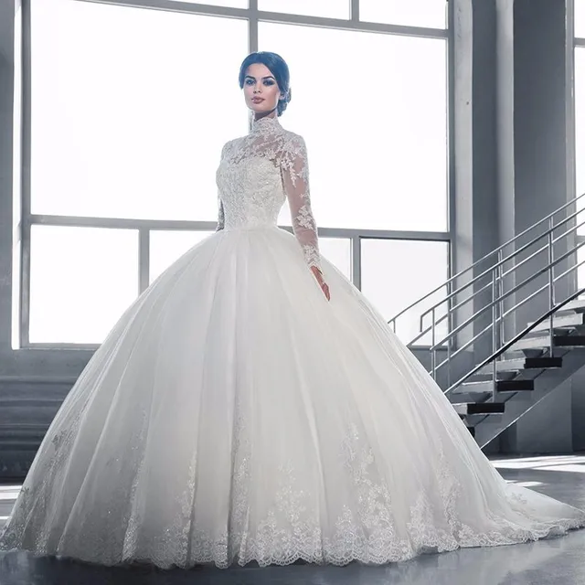 20316 Modeste Col Haut à Manches Longues Robes De Mariée Turquie 2017 Princesse Robe De Bal Tulle Applique Dentelle Robe De Mariée Formelle Dans
