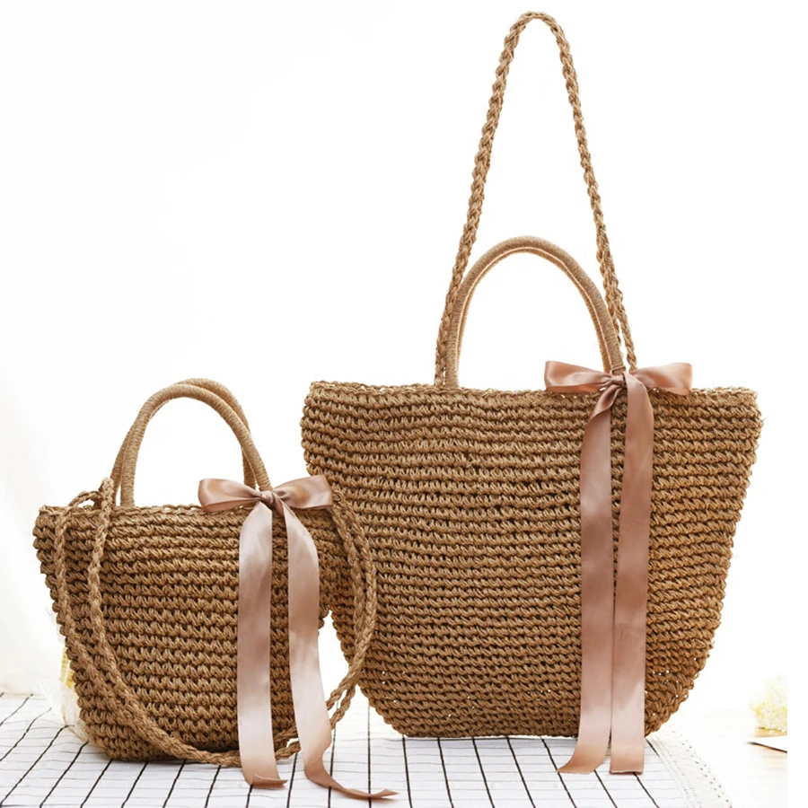

Bohemian Straw Bag Women Bow Tie Beach Handbag Summer Vintage One-shoulder Rattan Bag Kintted Travel Bag