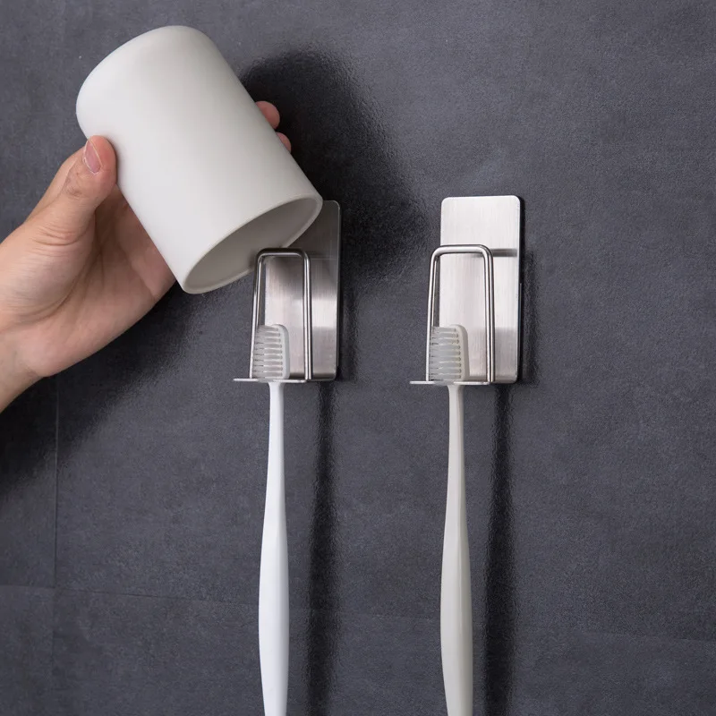 

304 stainless steel toothbrush holder punch-free bathroom accessories wall hooks self-adhesive tooth cup holder