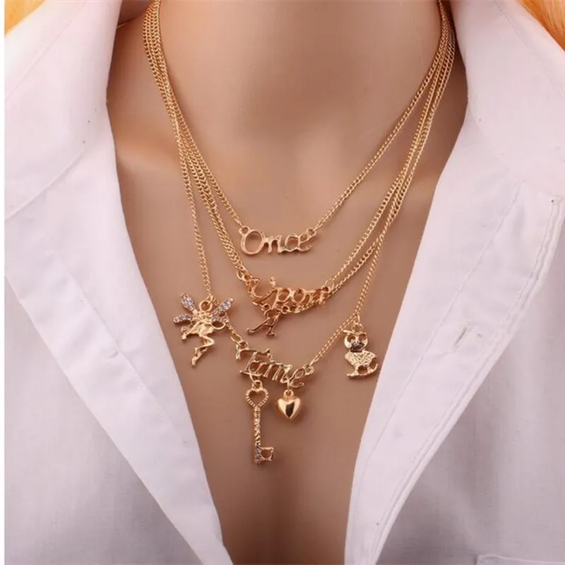 

GHRQX Hot Sell Owl key angel English letters multi layer necklace Fashion jewelry wholesale