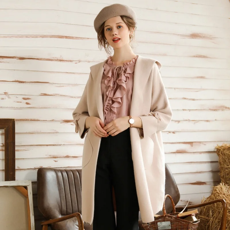 

2018Fashion ladies woolen coat winter hooded trench coat batwing 3/4 sleeves long wool knitted coat overcoat plus size L-XXXXXL