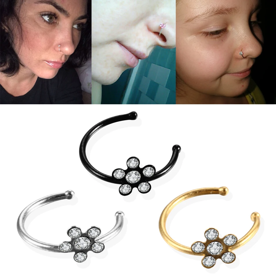 

1PC Stainless Steel Circular Fake Nose Rings C Shape Punk Small Thin Clear Gem Flower Lip Ear Nose Clip On Fake Piercing Jewelry