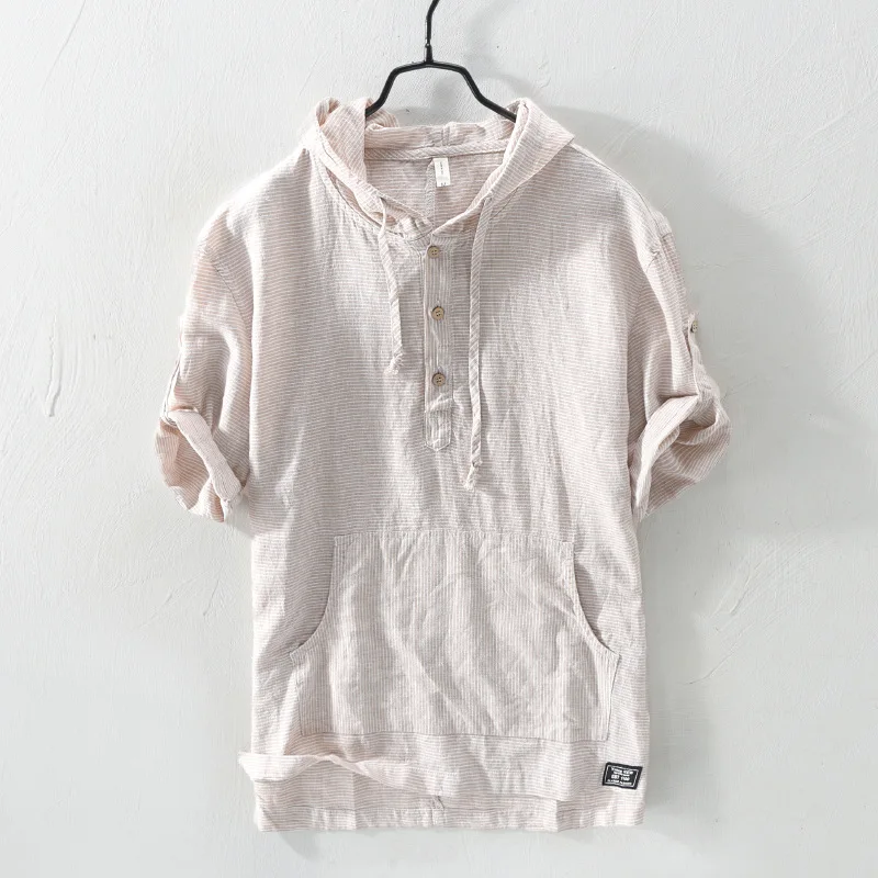 Japanese Vintage Men Shirts Hooded Collar Summer Fashion Linen Shirts Men Cotton Tee Half Length Sleeve Casual Shirts Pullover Japanese Vintage Men Shirts Hooded Collar Summer Fashion Linen Shirts Men Cotton Tee Half Length Sleeve Casual Shirts Pullover