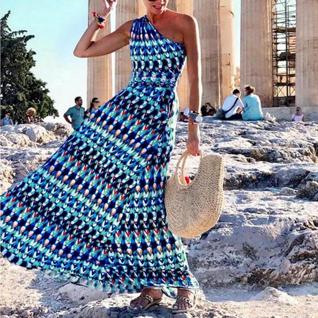 

Women Summer Boho Printed Flower One Shoulder Long Dress Evening Party Beach vestidos de fiesta de noche 2019 #20