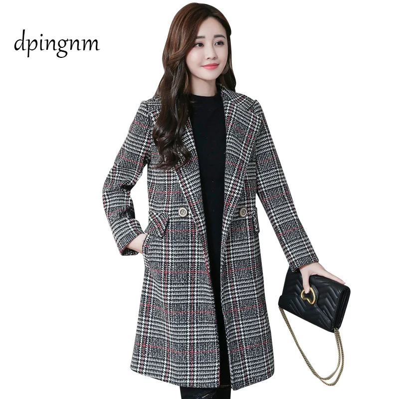 

New Women's Wool Blends Coat Winter 2018 Autumn Fashion Elegant Mother Turtleneck Plaid Slim Long Tweed Woolen Outerwear Female
