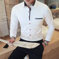 Новая мода Повседневное Для мужчин рубашка с длинным рукавом воротник-стойка рубашка узкого кроя Для мужчин корейский Бизнес мужская