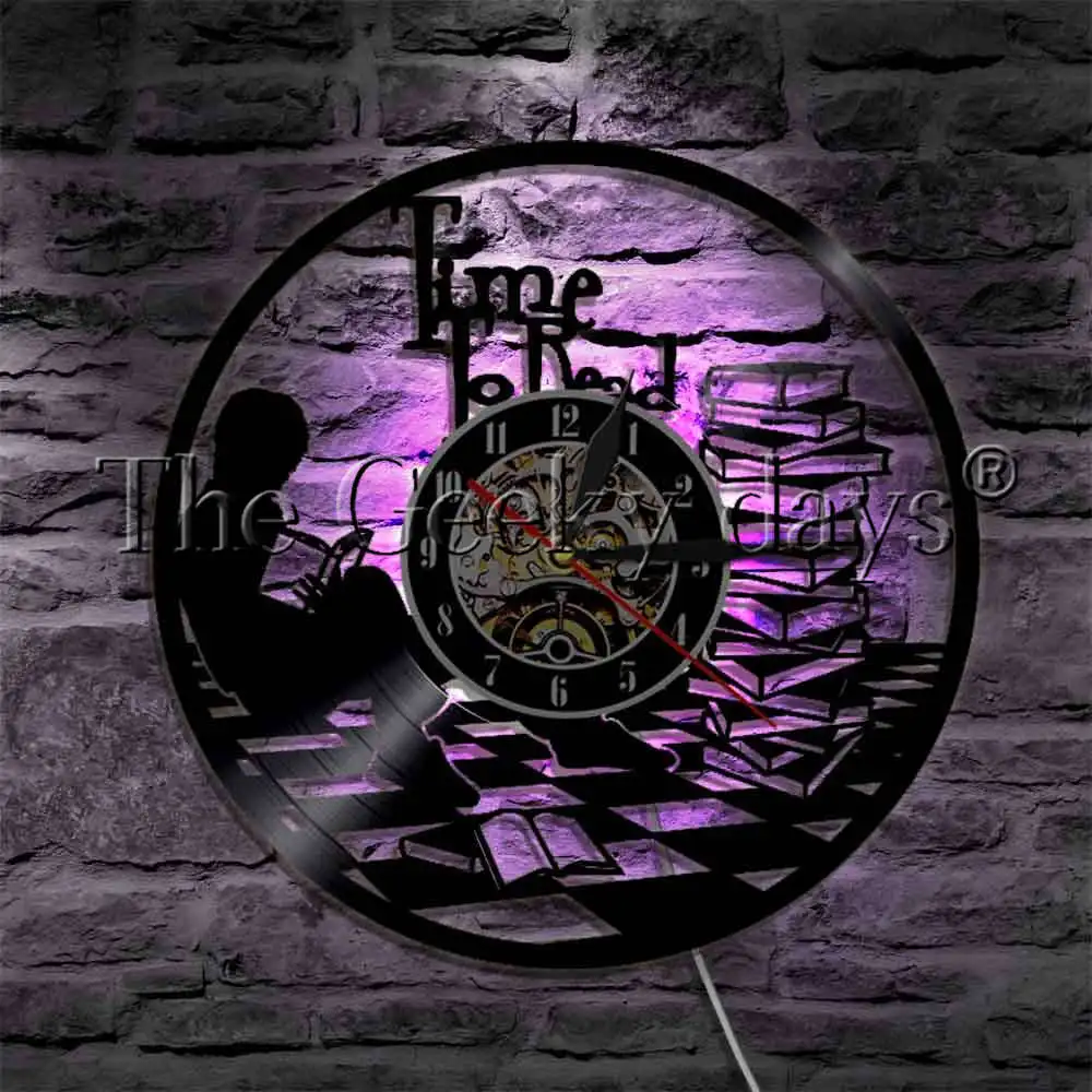 

Time To Read Inspirational Silhouette LED Light Vinyl Record Wall Clock With LED Backlight Library Reading Book Wall Lamp