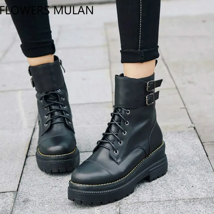 

Cool Locomotive Style Black Leather Ankle Boots For Women Round Toe Middle Rubber Heel Winter Shoes Woman Cross Tied Monk Buckle