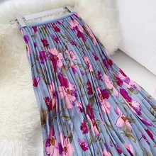 Sweet Flower Print Midi Skirt Women High Waist Pleated Skirt 2019 Summer Chic Vacation Skirt Ladies Purple Holiday Skirts chic women s ethnic print high waist skirt