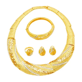 

African Fashion Women 24 Gold Jewelry Sets Crystal Necklace Ring Earrings Charm Bride Wedding Gift Bracelet Jewelry Accessories