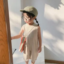 Новые летние детские комбинезоны унисекс однотонные хлопковые льняные комбинезоны в Корейском стиле штаны для маленьких мальчиков и девочек детская одежда