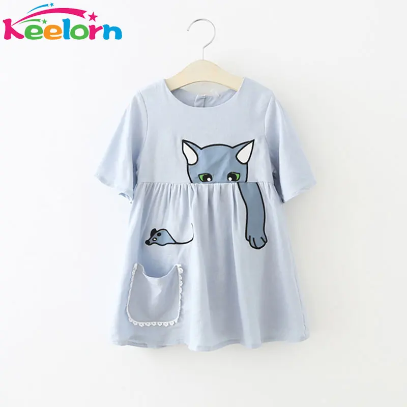 Keelorn Girls Dress 2017 Summer Casual Style Girls Clothes Lovely cat pattern dress Pocket decoration Children