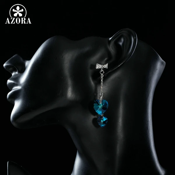 AZORA Romantic Double Heart of Ocean Blue Stellux Austrian Crystal Drop Earrings for Valentine's Day Gift of Love TE0184