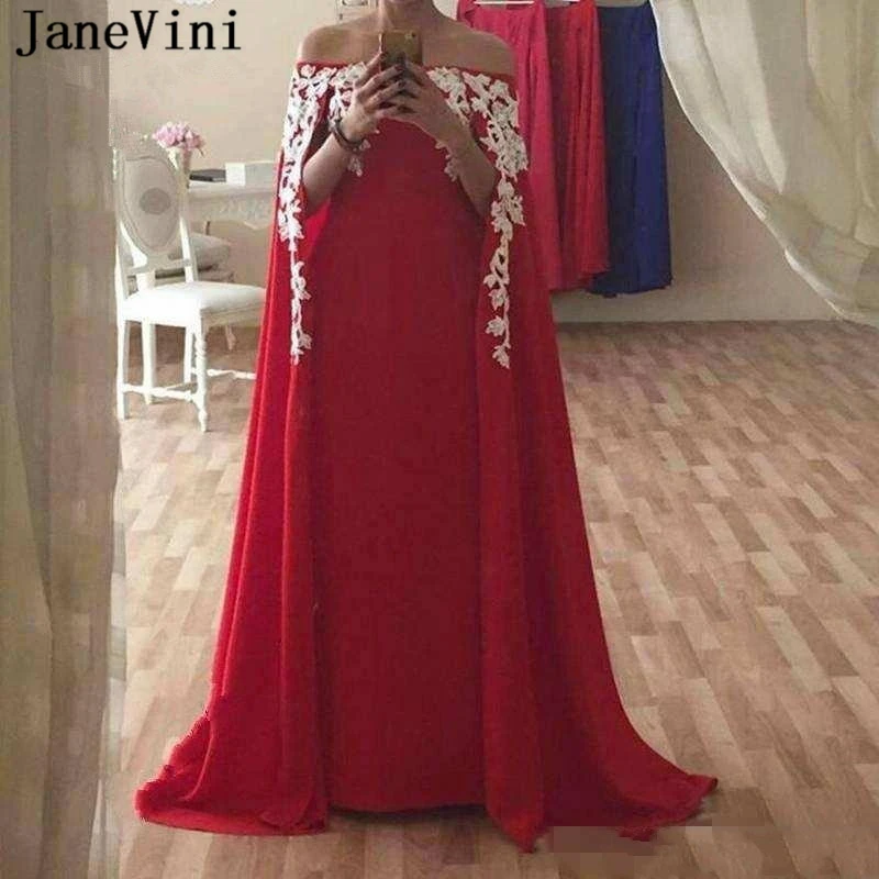 

JaneVini Elegant Muslim Red A Line Evening Dress Off Shoulder Lace Appliques Chiffon Saudi Arabic Plus Size Women Party Dresses
