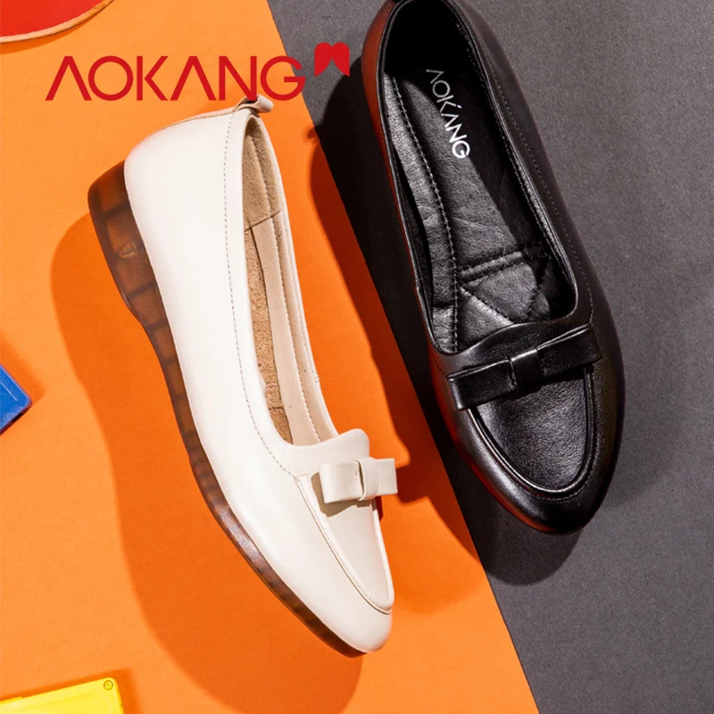 

AOKANG 2019 Spring New Arrival flats women butterfly knot sweet flats women shoes genuine leather fashion flats mary janes shoes