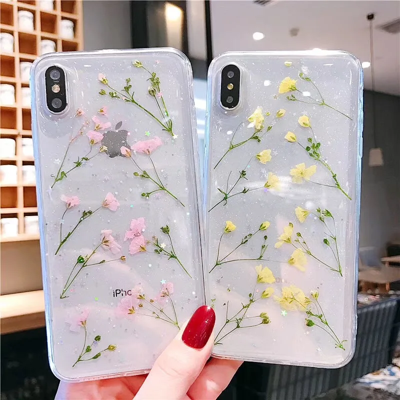 Tfshining ضغط ريال زهور مجففة الهاتف حقيبة لهاتف أي فون XS ماكس XR 6 6 s 7 8 زائد X السيليكون TPU واضح الزهور غطاء الحالات Fundas