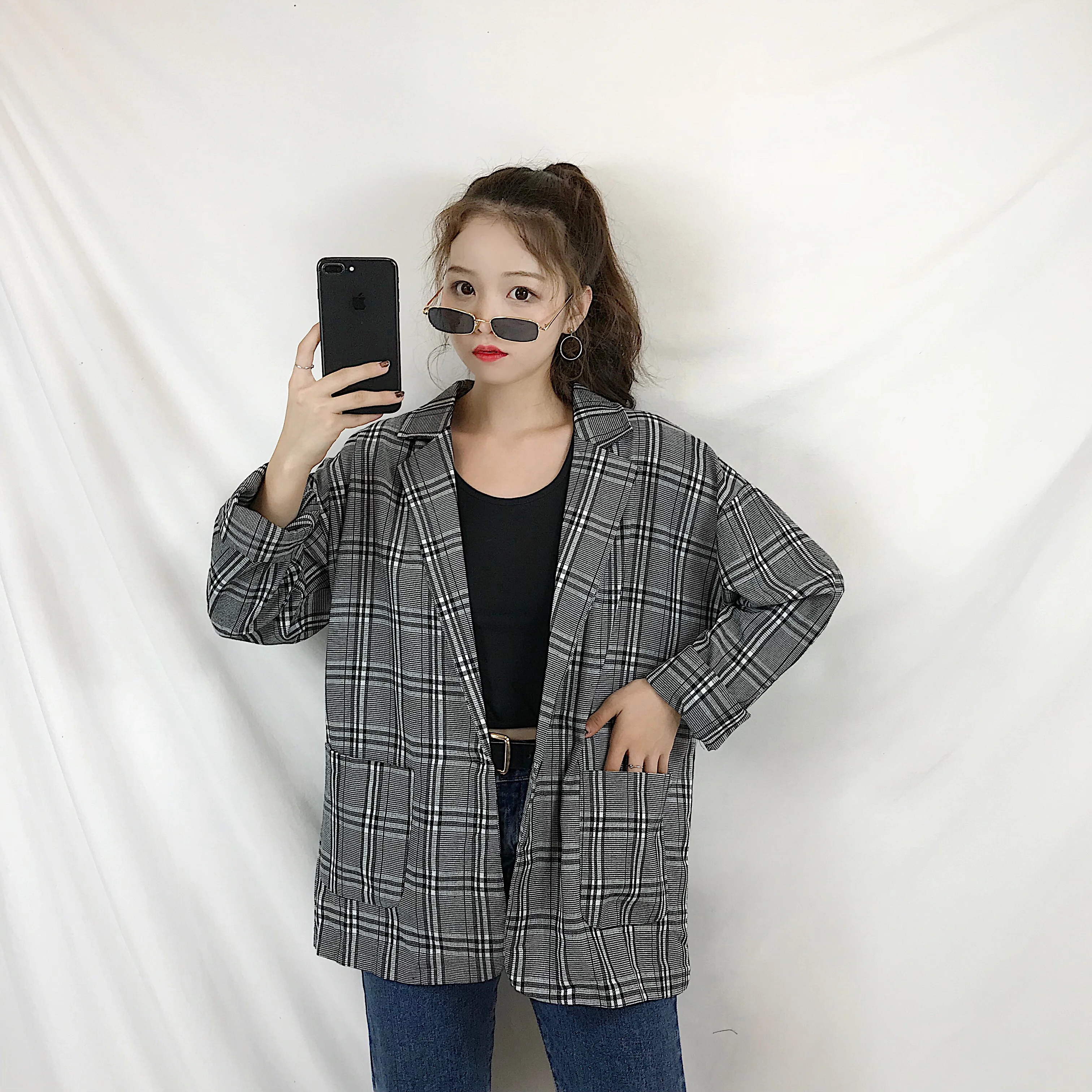 Mihoshop Ulzzang Корейская женская модная одежда новое клетчатое винтажное Свободное