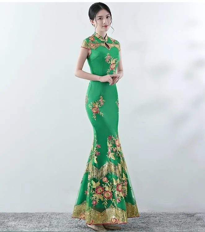 Синий Винтаж Cheongsam кружево Традиционный китайский стиль вечернее платье цветок Qipao Вышивка Длинные восточные невесты традиционные - Цвет: green
