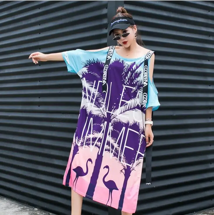 

New Streetwear Women Dress Off The Shoulder Printed Hip Hop Style Long Dresses Dance Clothes