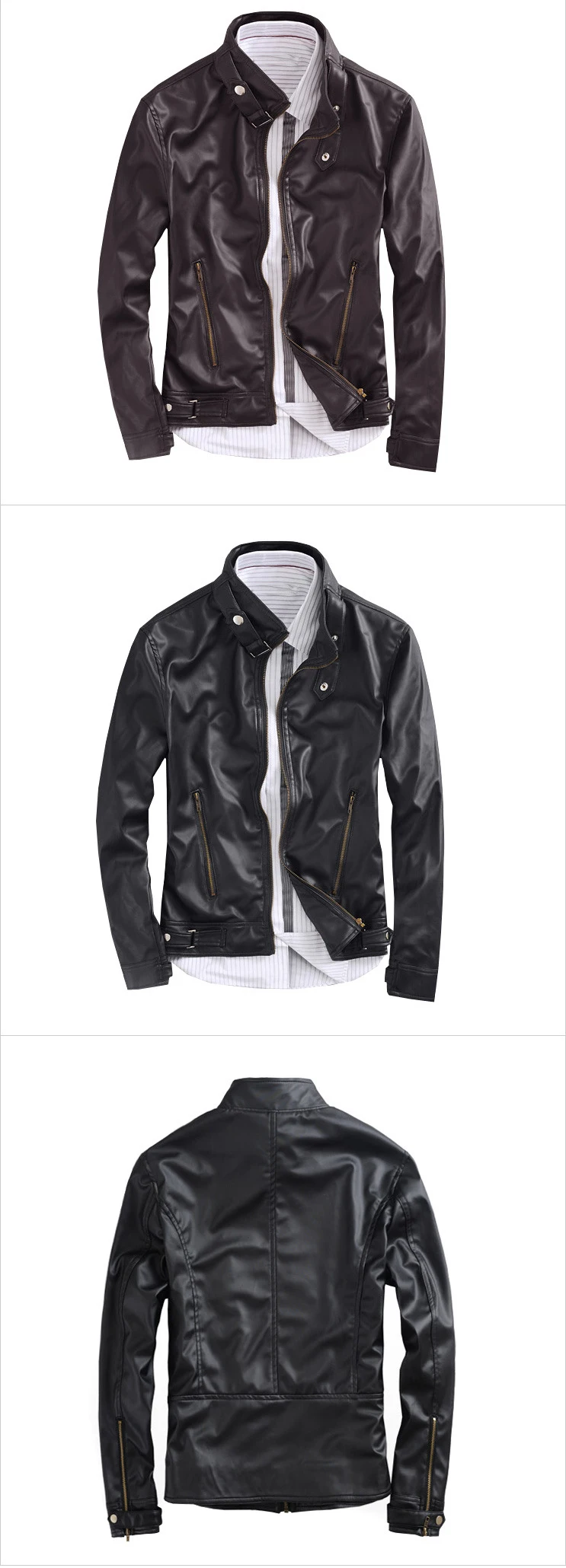 Черная кожаная куртка для мужчин, мотоциклетная куртка со стоячим ...