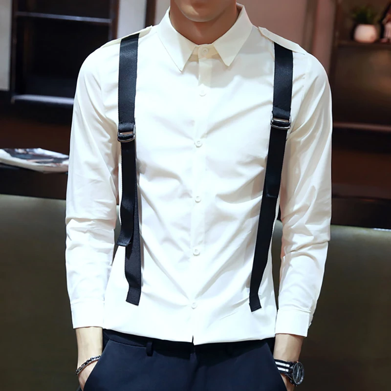 Men's shirt cotton solid color work casual Full sleeve Formal Personality strap nightclub shirt
