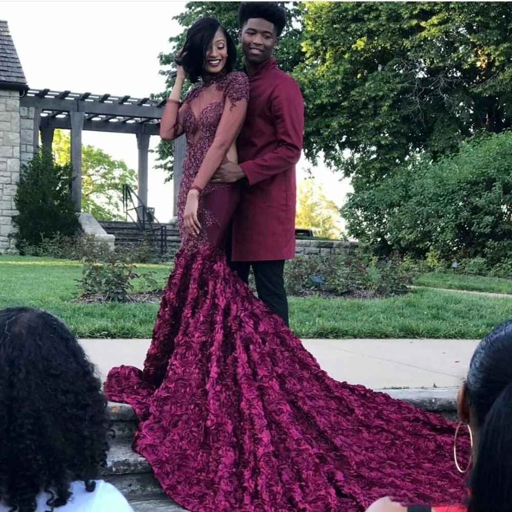 

Gorgeous Rose Patterned Mermaid Prom Dress High Neck Beads Applique Sheer Long Sleeves Evening Dress Burgundy African Party Wear