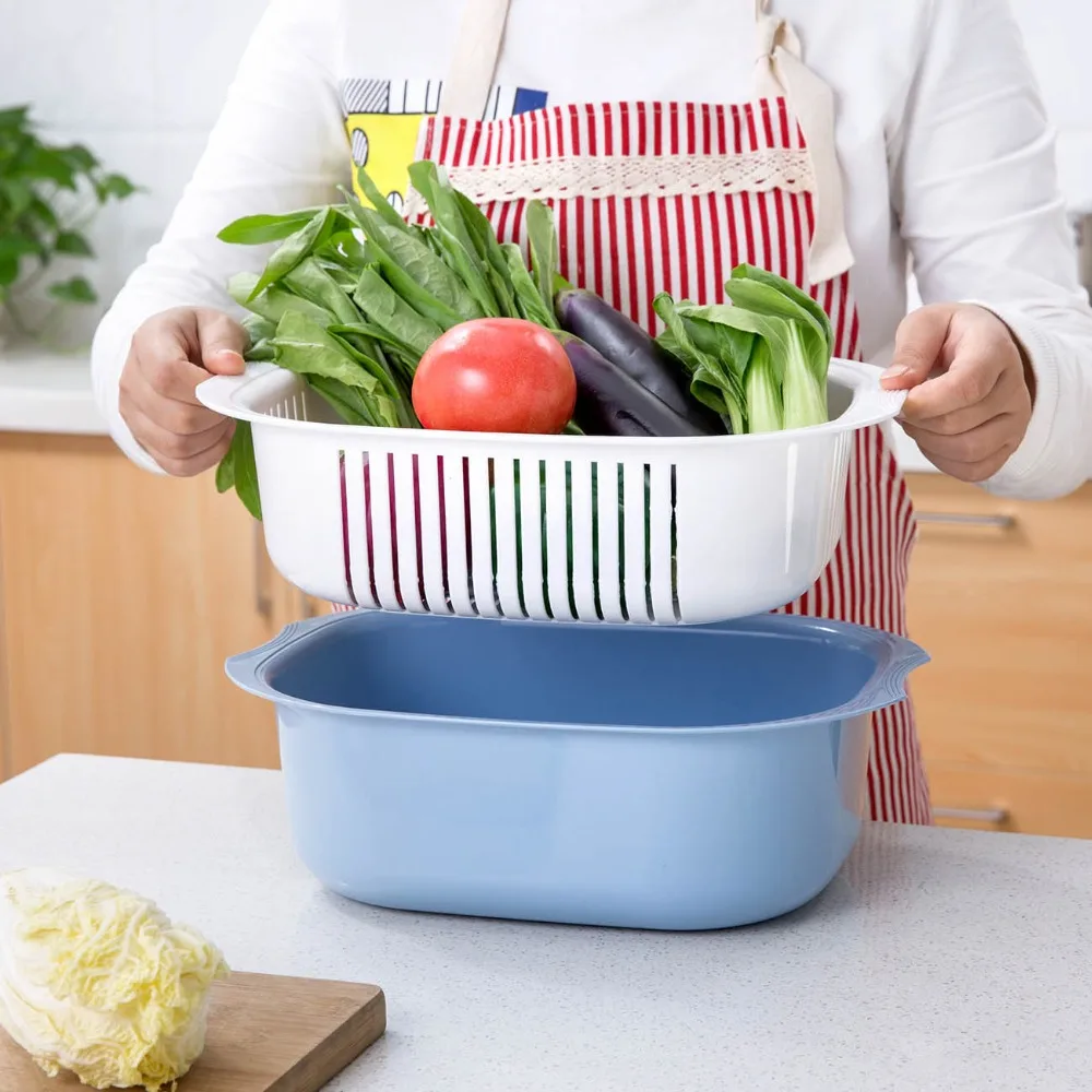 

OTHERHOUSE Plastic Double Drain Basket Vegetables Fruit Washing Strainer Sink Kitchen Food Tableware Storage Basket Colanders